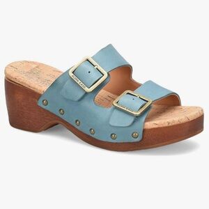 Kork-Ease Saffron wood and leather Tiffany Blue Sandals with Cork Footbed